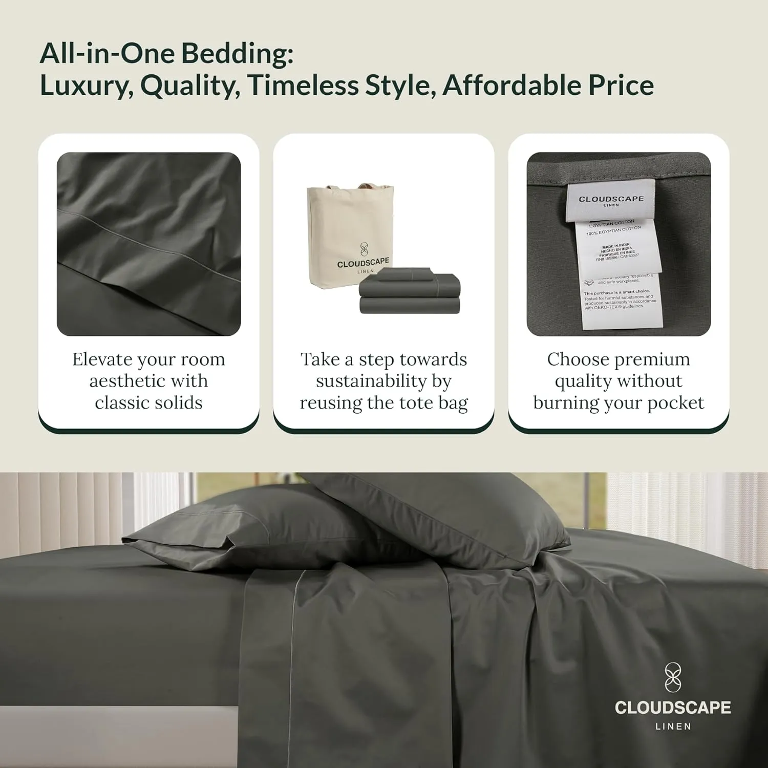 100% Egyptian Cotton Sheets Full Size, 4 Pcs Luxury Bedding Set, 1000 Thread Count Egyptian Cotton,Hotel Quality, Soft, Breathable and Durable, Deep Pockets up to 17, Charcoal Grey