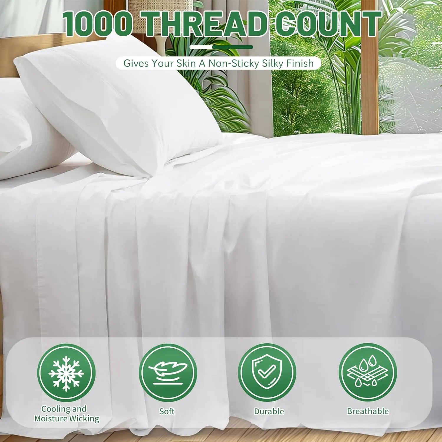 100% Egyptian Cotton Sheets King Size 1000 Thread Count Sateen Weave Soft Breathable 16-Inch Deep Pocket 4PCS（King,White）
