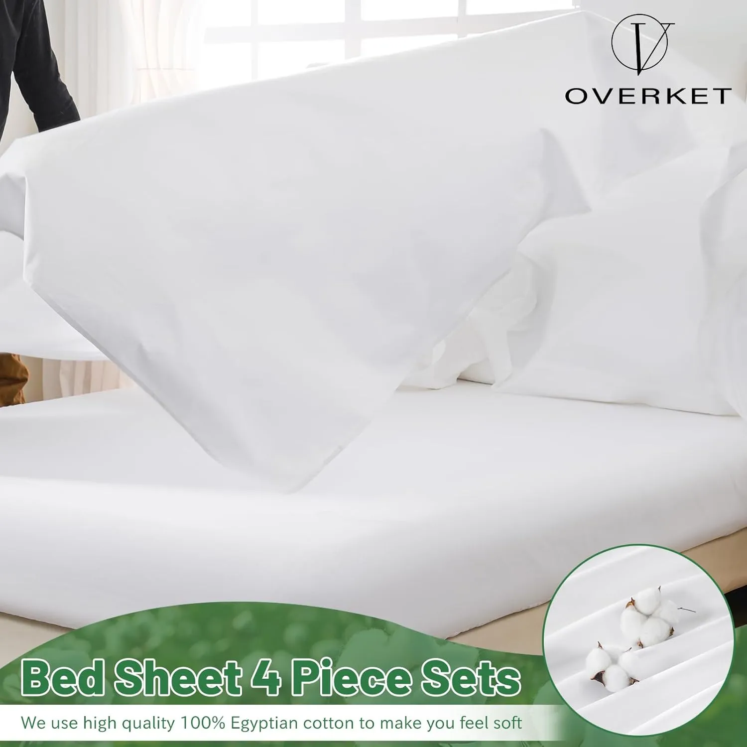 100% Egyptian Cotton Sheets King Size 1000 Thread Count Sateen Weave Soft Breathable 16-Inch Deep Pocket 4PCS（King,White）