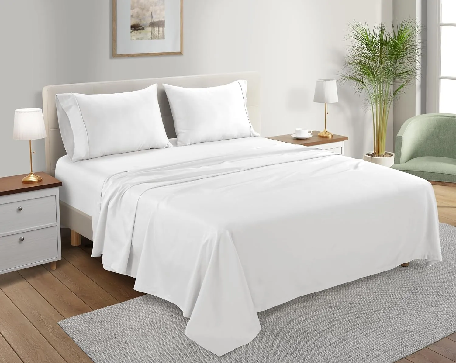 100% Organic Cotton Sheets King Size Sheets Set with Fully Elasticated Fitted Sheet & Pillowcase Sets, 300 TC Hotel Collection Deep Pocket King Sheet Set, No Pill Soft Breathable Luxury White Bedding