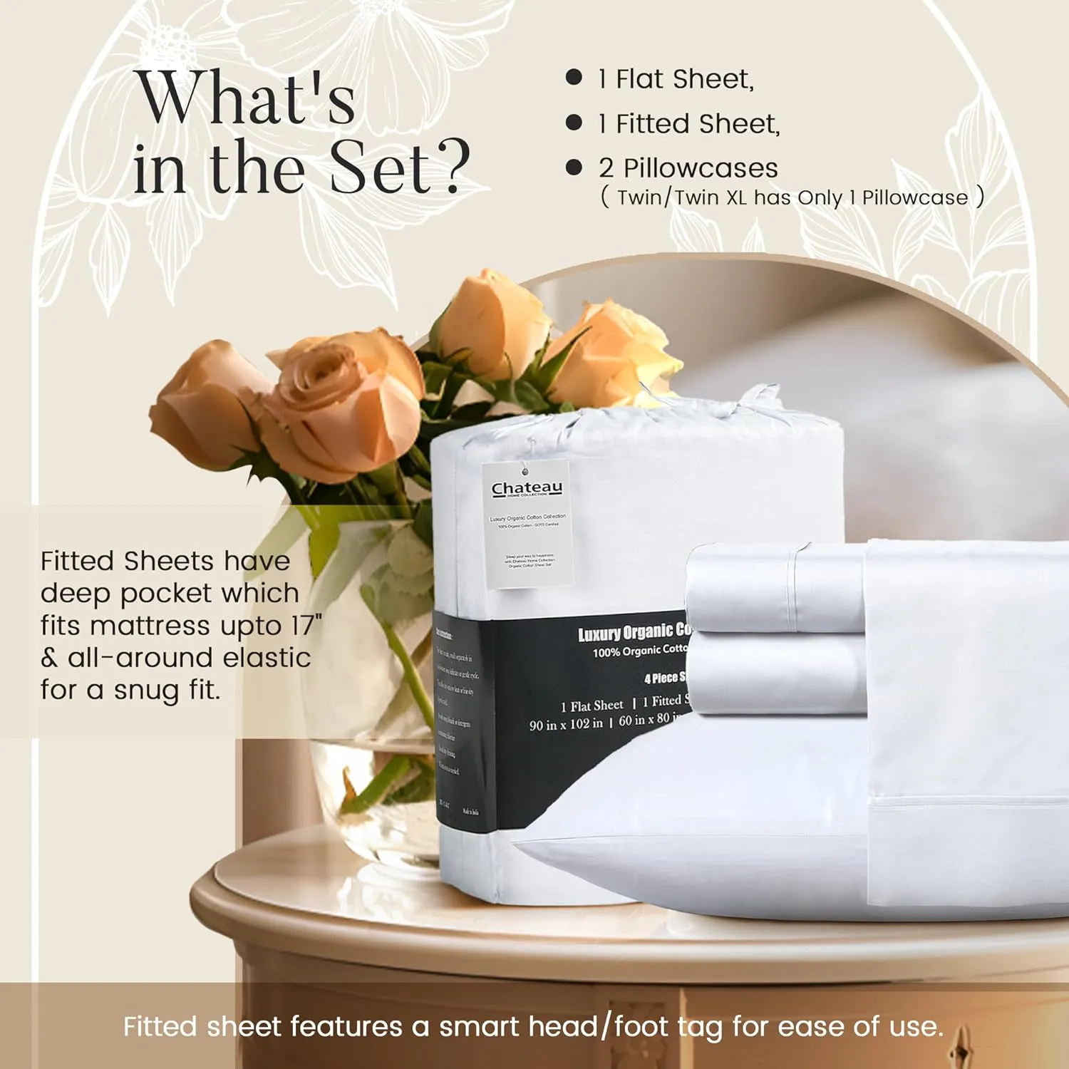 100% Organic Cotton Sheets King Size Sheets Set with Fully Elasticated Fitted Sheet & Pillowcase Sets, 300 TC Hotel Collection Deep Pocket King Sheet Set, No Pill Soft Breathable Luxury White Bedding