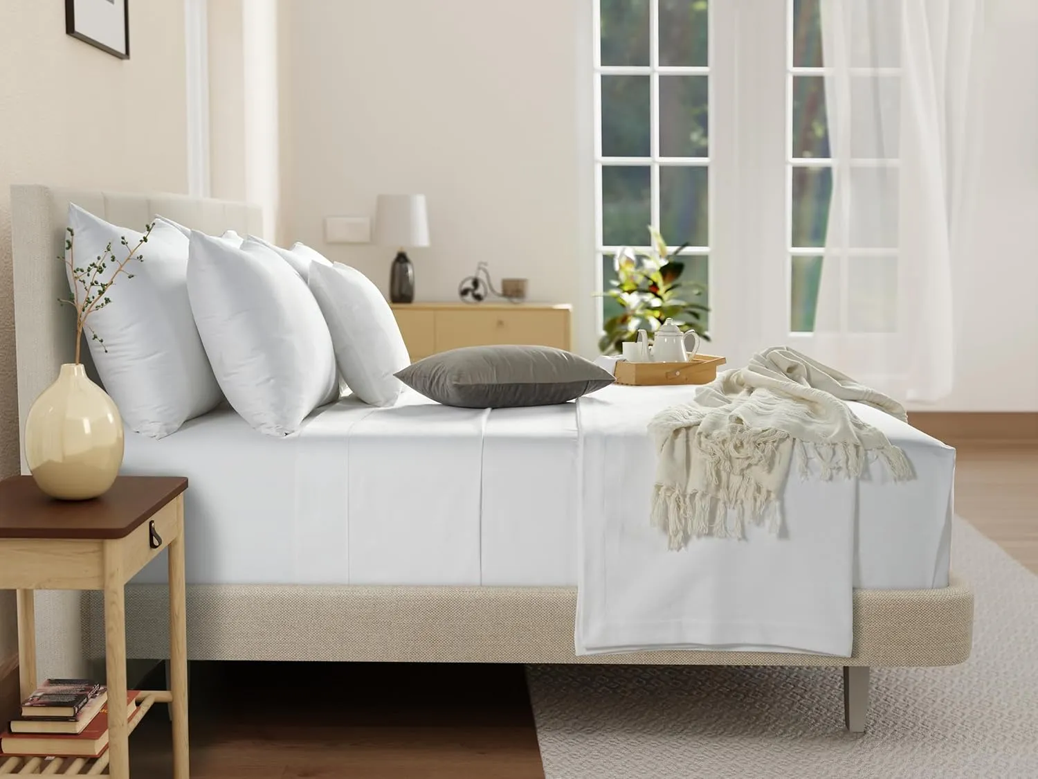 100% Organic Cotton Sheets King Size Sheets Set with Fully Elasticated Fitted Sheet & Pillowcase Sets, 300 TC Hotel Collection Deep Pocket King Sheet Set, No Pill Soft Breathable Luxury White Bedding