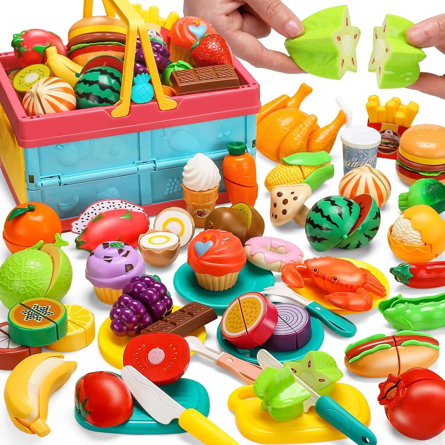 100 PCS Cutting Play Food Set for Kid Kitchen, Storage Basket with Vegetable & Fruit Toy for Toddler Boy Girl, Fake Food Accessories Toys for Birthday, Pretend Cooking Playset for Child