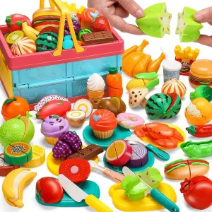100 PCS Cutting Play Food Set for Kid Kitchen, Storage Basket with Vegetable & Fruit Toy for Toddler Boy Girl, Fake Food Accessories Toys for Birthday, Pretend Cooking Playset for Child