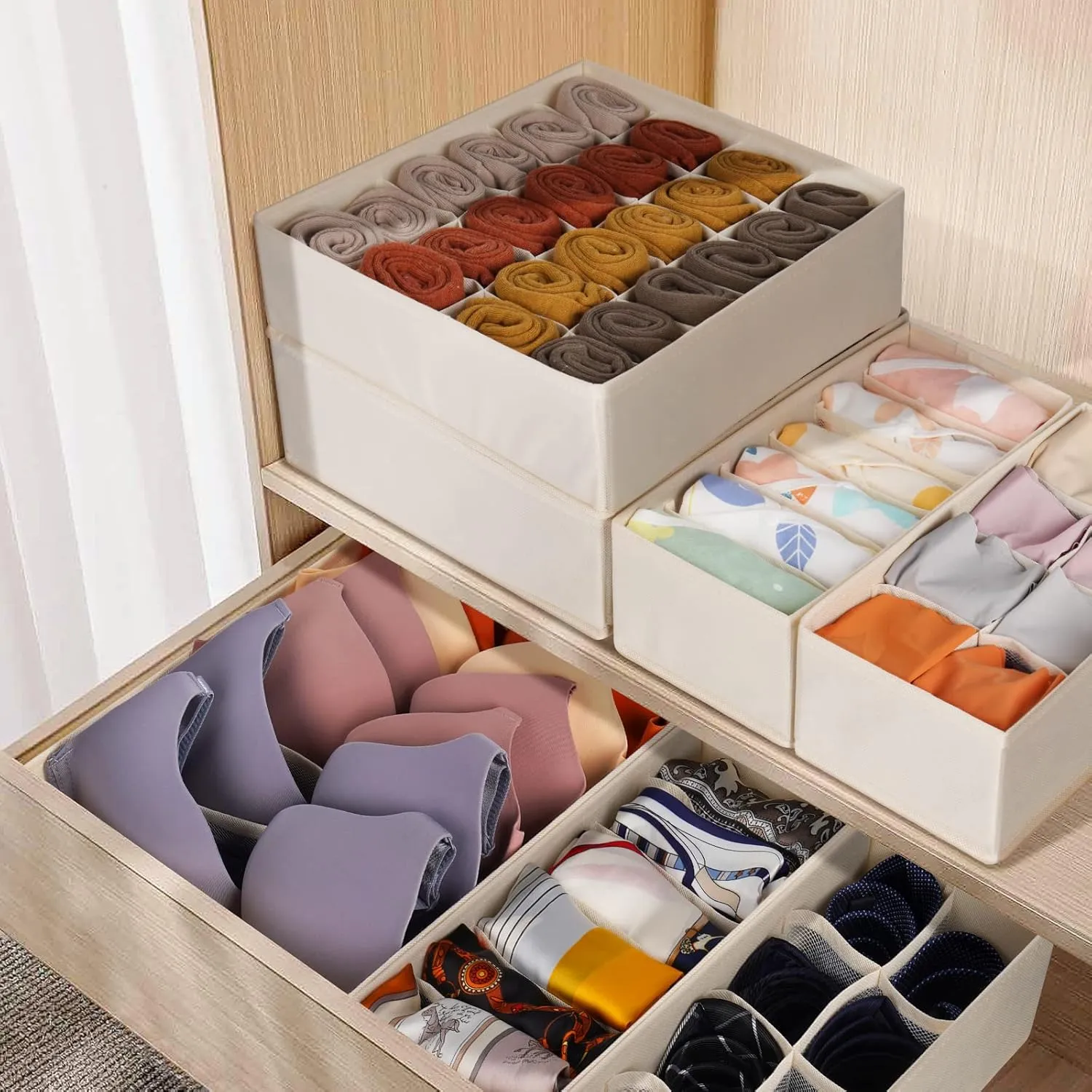 12 Pack Baby Clothes Organizer for Nursery, 116 Cells Fabric Foldable Dresser Closet Organizers and Storage Bins for Clothing, Women Men Underwear Socks, Bra, Ties, Scarf, Belt, Hair Accessories