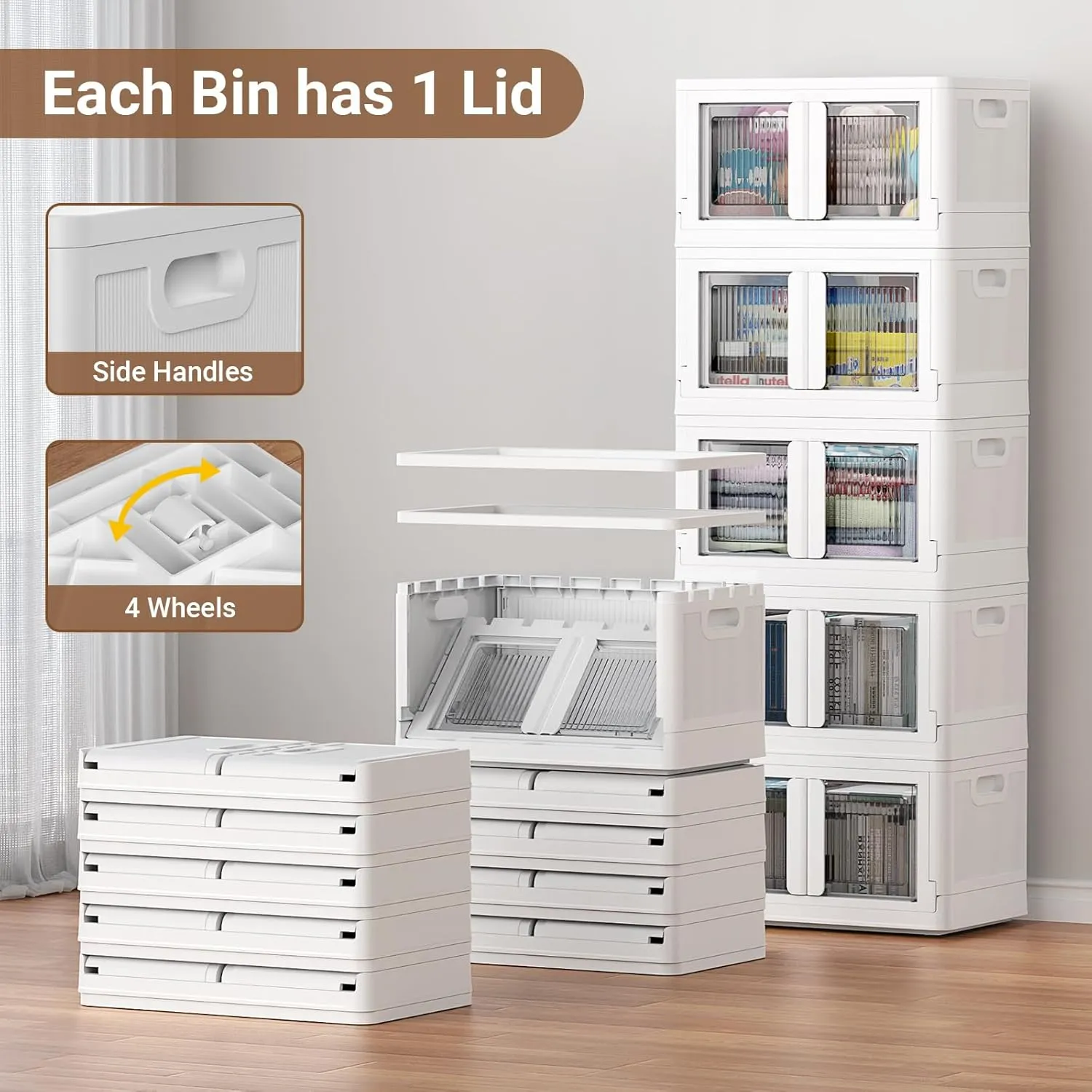 1Pack 100QT Total Plastic Storage Bins With Lids, 25Gal Total Stackable Containers With Wheels, Folding Closet Organizers, Collapsible Cabinet with Doors for Closet Home Dorm, V6 White