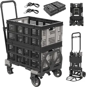 2 in 1 Hand Truck Dolly Foldable with 2 Pcs Folding Basket, 330LB Dolly Collapsible Cart with Wheels, Folding Hand Truck with Retractable Handle, Include 2 Bungee Cords, for Moving, Luggage, Office