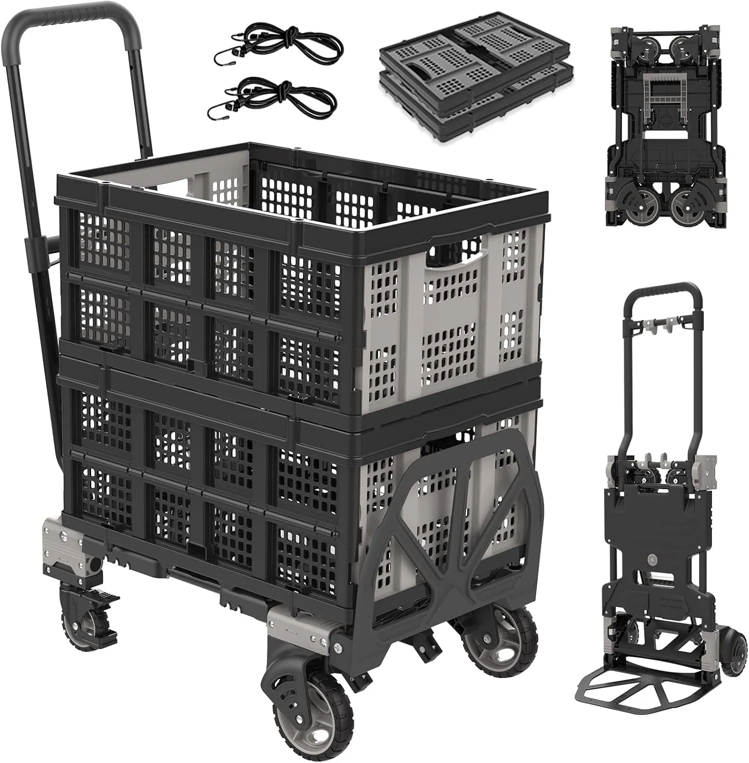 2 in 1 Hand Truck Dolly Foldable with 2 Pcs Folding Basket, 330LB Dolly Collapsible Cart with Wheels, Folding Hand Truck with Retractable Handle, Include 2 Bungee Cords, for Moving, Luggage, Office