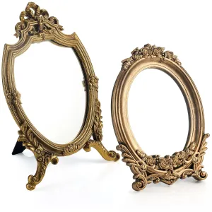 2 Pcs Gold Vanity Mirror, Small Antique Vintage Makeup Mirror Table Decorative Mirror with Stand, Ornate Traditional Chic Baroque for Living Room Bedroom Dresser Tabletop Desktop Decor