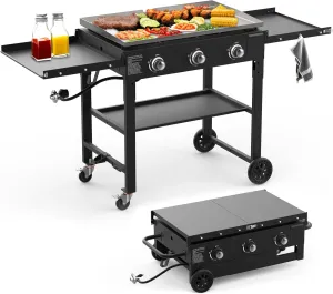3 Burner 35" Flat Top Grill,45,000 BTU Flat Grills Outdoor Cooking with Two Foldable Shelves,Outdoor Griddle with Porcelain-Enameled Cast Iron Grate & Pan for Kitchen,BBQ& Camping