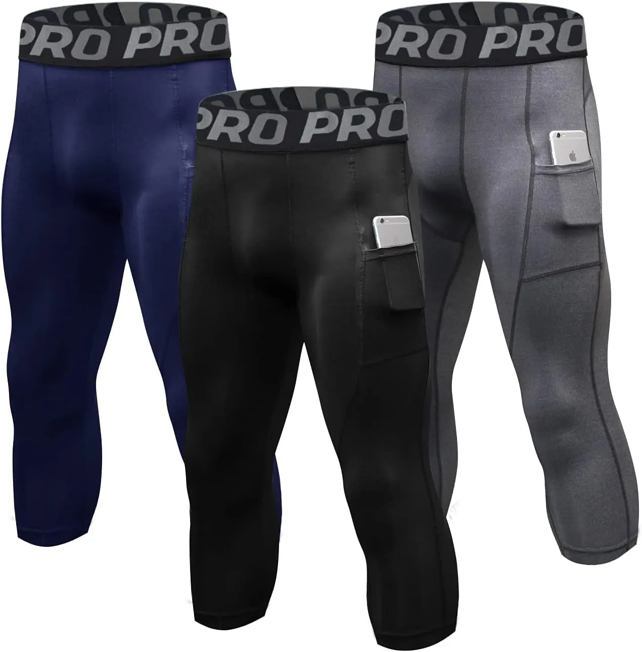 3/4 Compression Pants for Men with Pockets Capri Sports Legging Basketball Running Tights Cool Dry Workout Baselayer