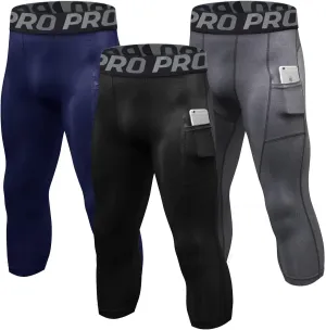 3/4 Compression Pants for Men with Pockets Capri Sports Legging Basketball Running Tights Cool Dry Workout Baselayer