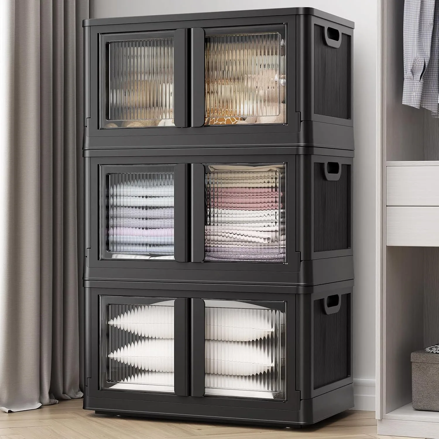 3Pack 300QT Total Plastic Storage Bins with Lids, 75Gal Total Stackable Containers with Wheels, Folding Closet Organizers, Collapsible Cabinet with Doors for Closet Home Dorm, V6 Black