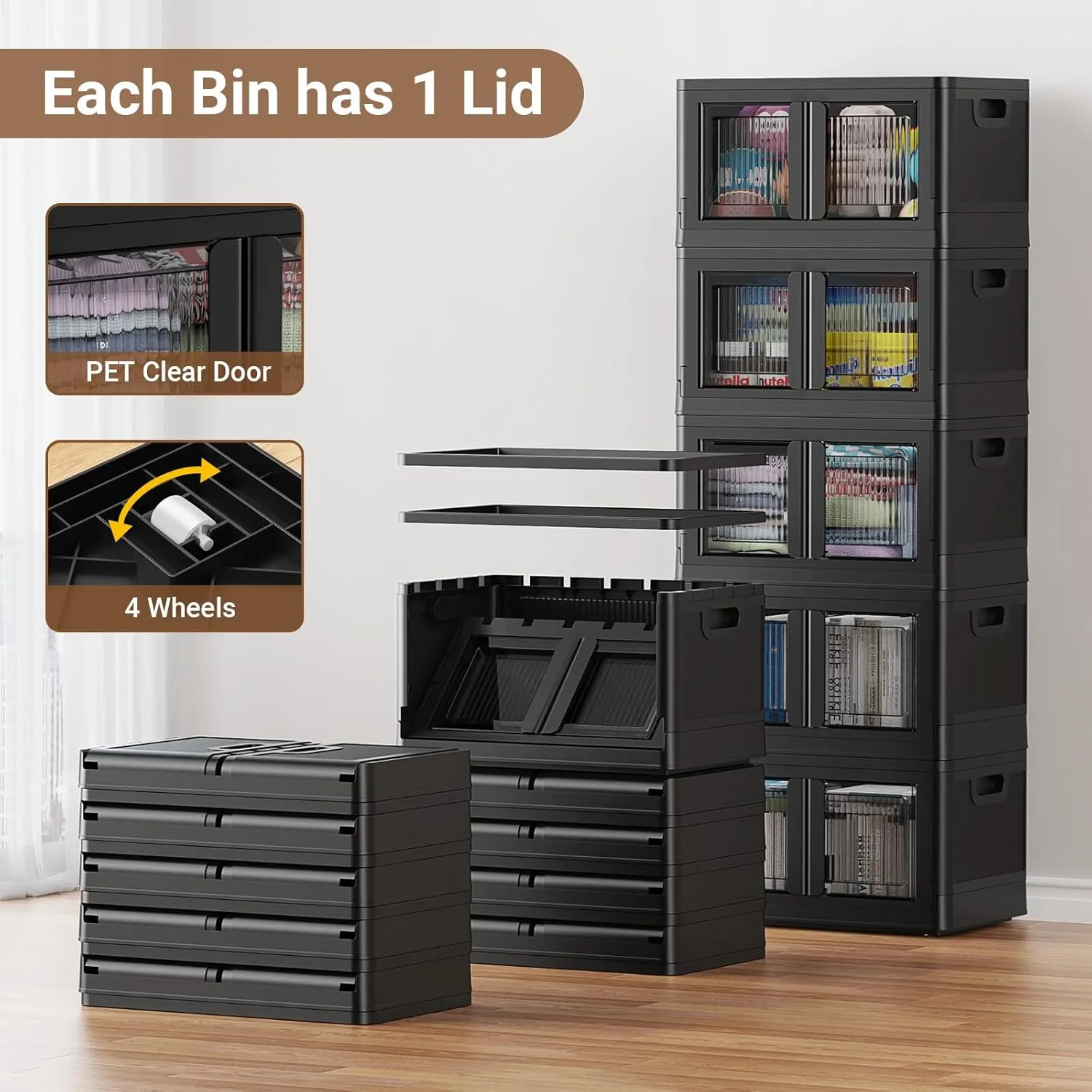 3Pack 300QT Total Plastic Storage Bins with Lids, 75Gal Total Stackable Containers with Wheels, Folding Closet Organizers, Collapsible Cabinet with Doors for Closet Home Dorm, V6 Black