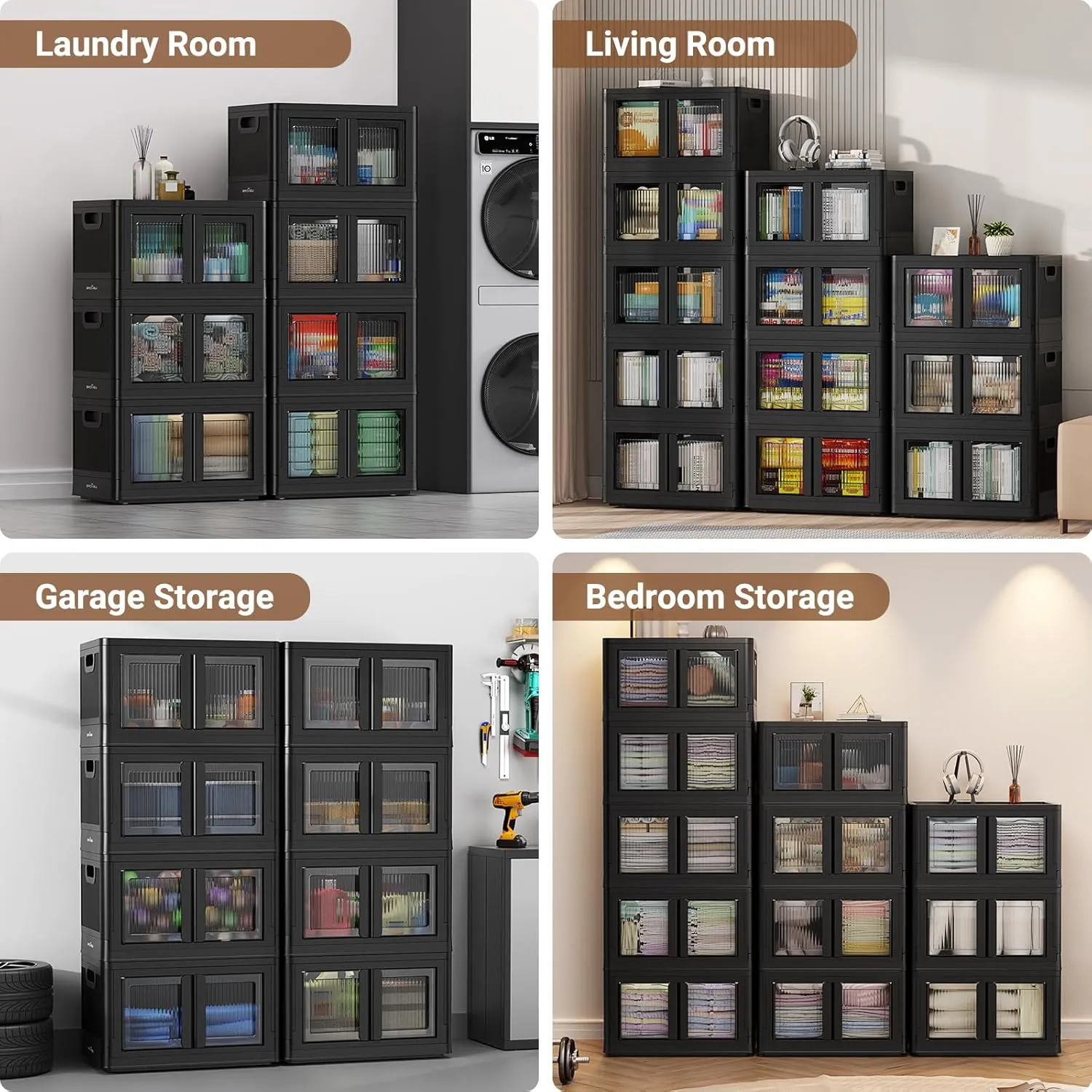 3Pack 300QT Total Plastic Storage Bins with Lids, 75Gal Total Stackable Containers with Wheels, Folding Closet Organizers, Collapsible Cabinet with Doors for Closet Home Dorm, V6 Black