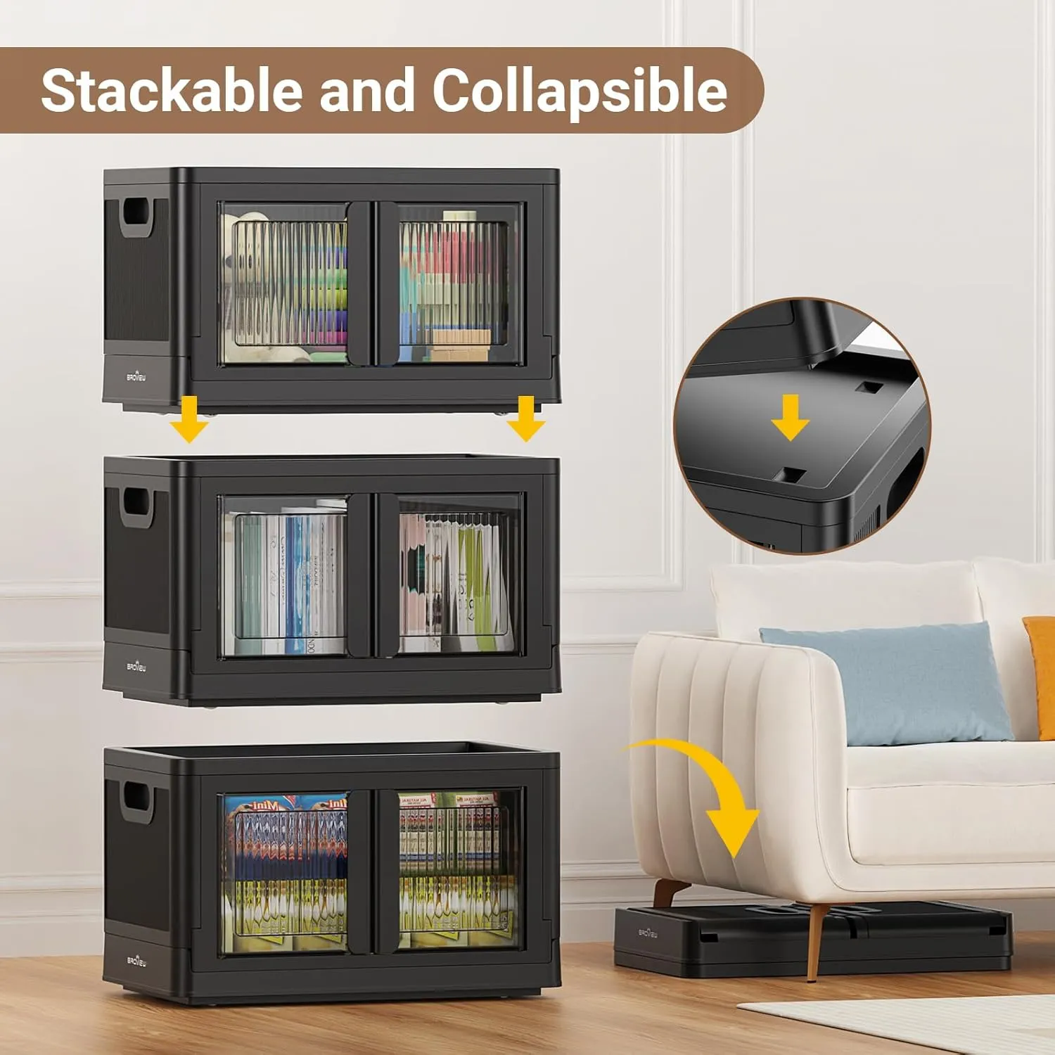 3Pack 300QT Total Plastic Storage Bins with Lids, 75Gal Total Stackable Containers with Wheels, Folding Closet Organizers, Collapsible Cabinet with Doors for Closet Home Dorm, V6 Black