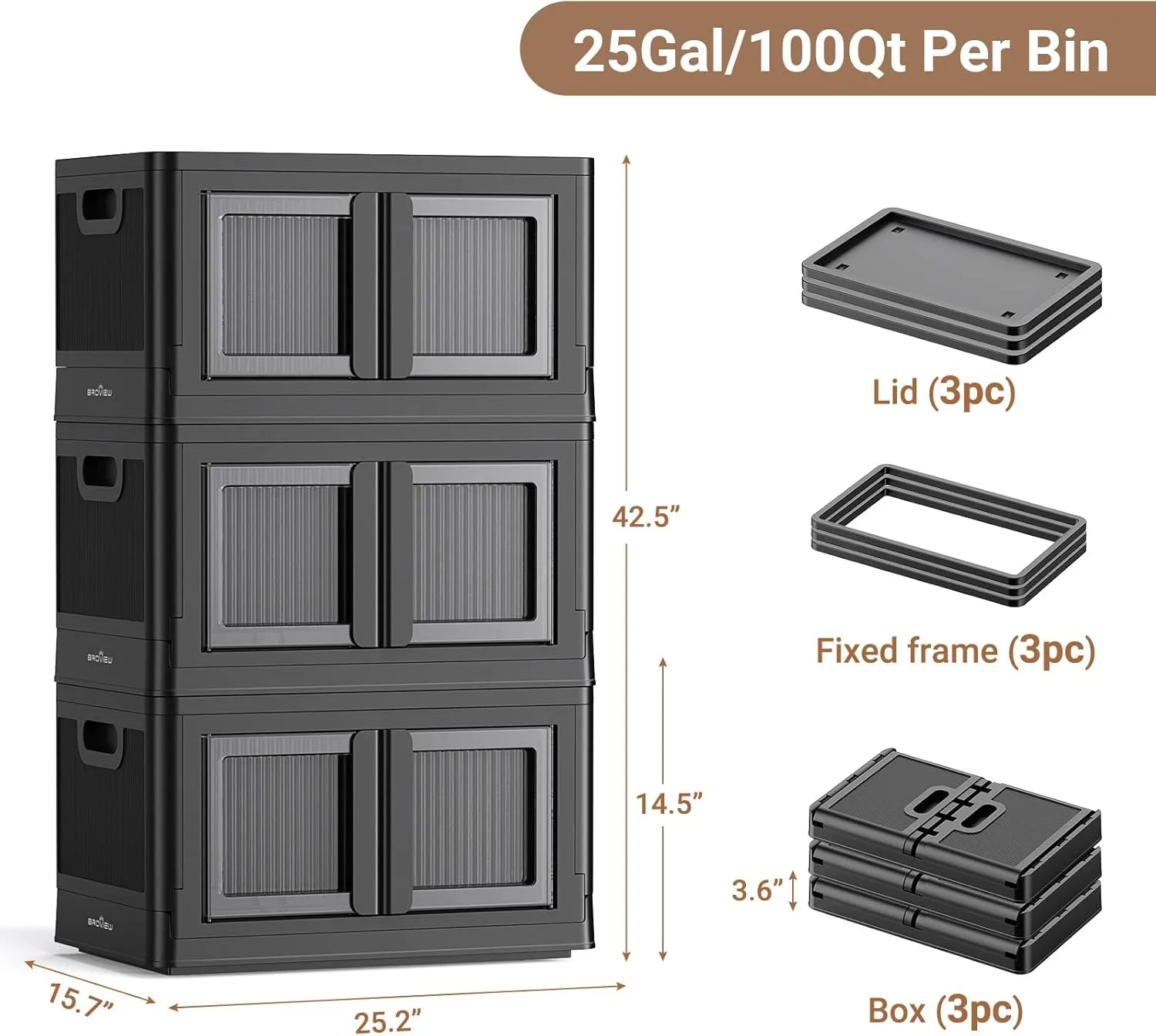 3Pack 300QT Total Plastic Storage Bins with Lids, 75Gal Total Stackable Containers with Wheels, Folding Closet Organizers, Collapsible Cabinet with Doors for Closet Home Dorm, V6 Black
