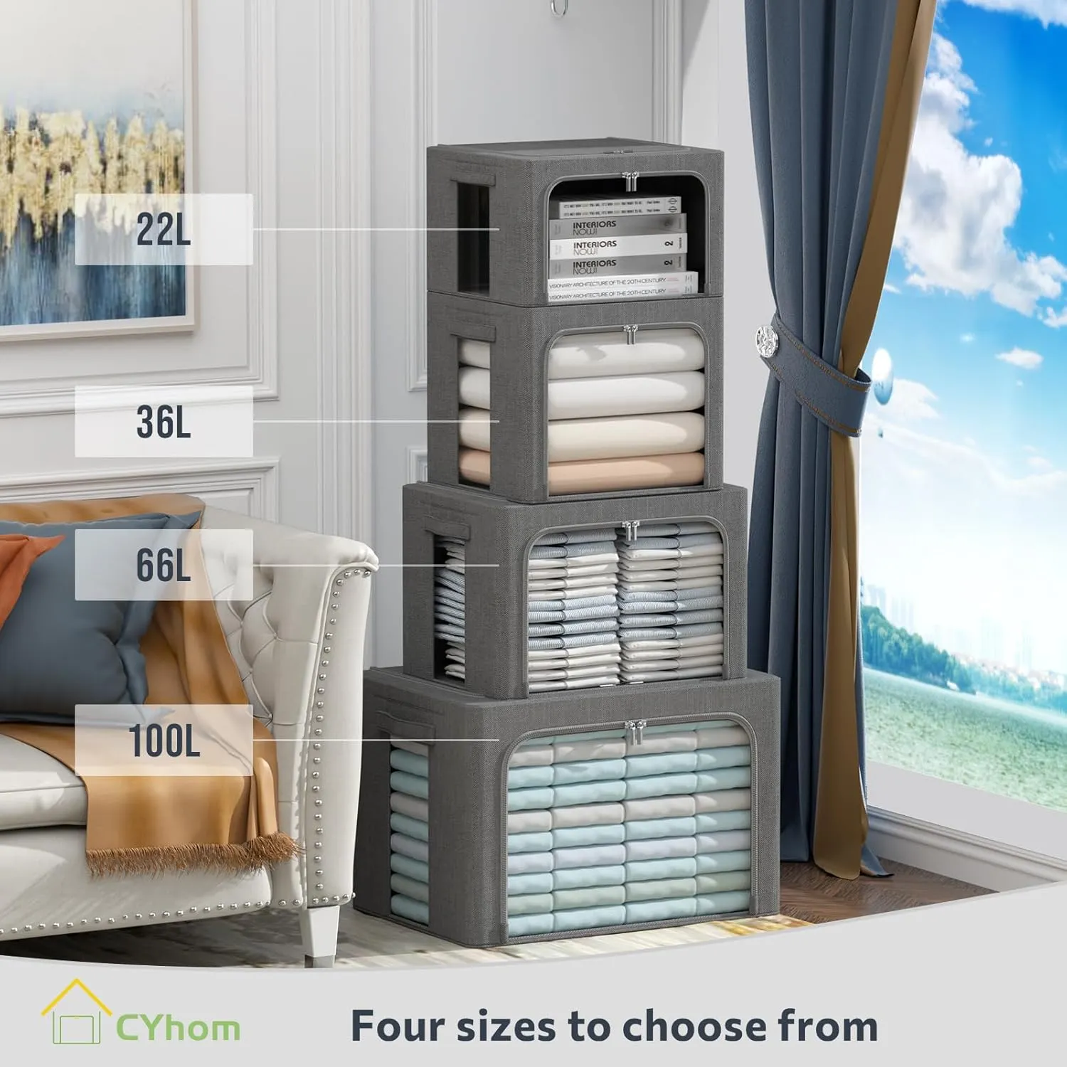 3Pack Foldable Storage Bins - Frame Storage Box Linen Fabric Stackable Clothes Container Organizer with Clear Window & Carry Handles Large Capacity (Medium-36L, Dark Gray)