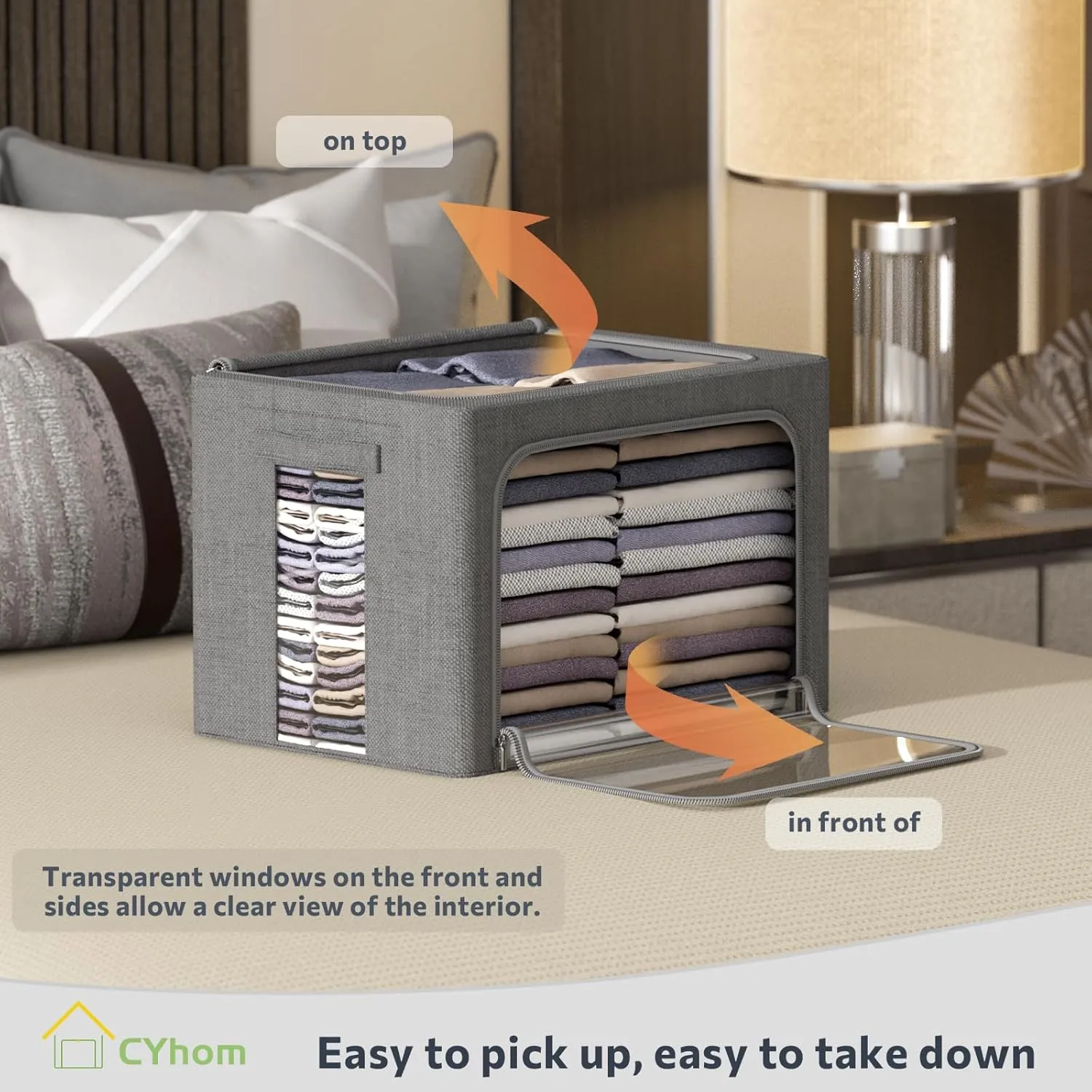 3Pack Foldable Storage Bins - Frame Storage Box Linen Fabric Stackable Clothes Container Organizer with Clear Window & Carry Handles Large Capacity (Medium-36L, Dark Gray)