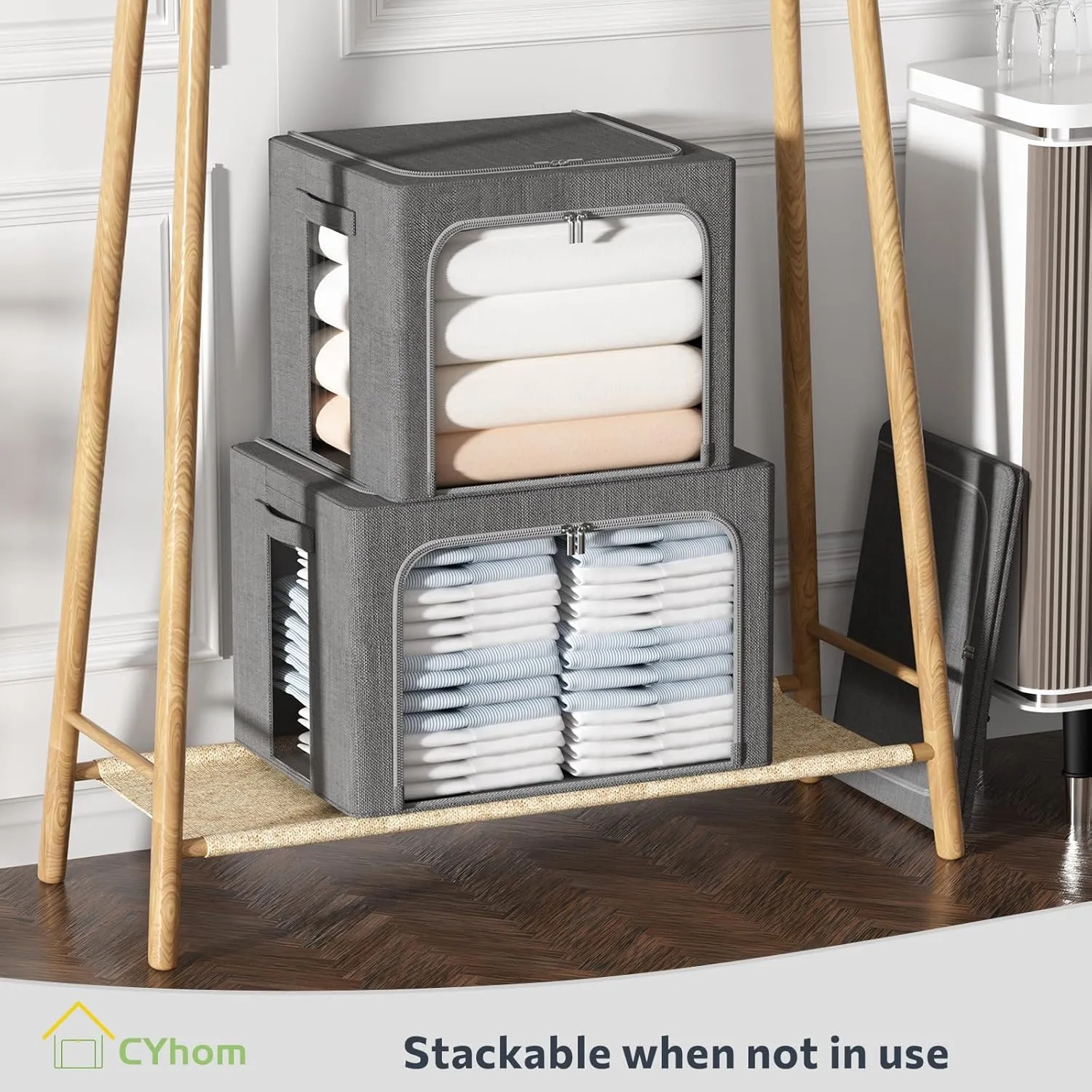 3Pack Foldable Storage Bins - Frame Storage Box Linen Fabric Stackable Clothes Container Organizer with Clear Window & Carry Handles Large Capacity (Medium-36L, Dark Gray)