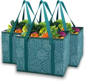 3Pk Reusable Grocery Bags, Foldable Shopping Bags for Groceries with Long Handles & Reinforced Bottom