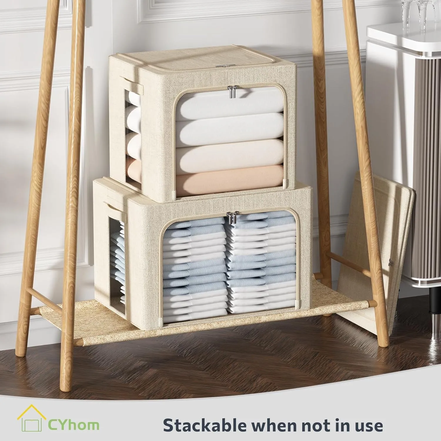 4 Pack Clothes Storage Bins with Metal Frame - Linen Fabric Foldable Stackable Container Organizer Set with Clear Window & Carry Handles & Zippers (Beige, 15.7"x11.8"x7.8")