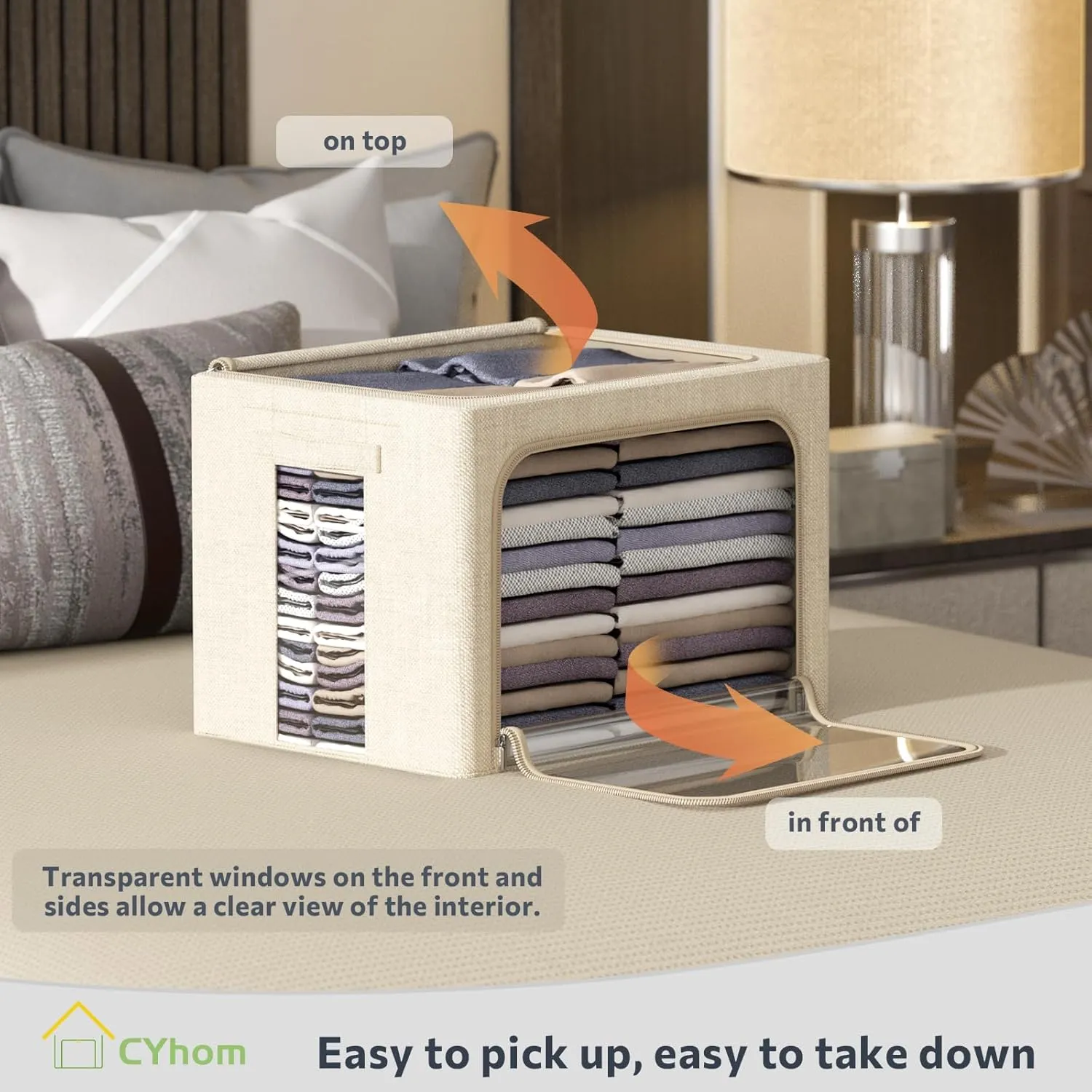 4 Pack Clothes Storage Bins with Metal Frame - Linen Fabric Foldable Stackable Container Organizer Set with Clear Window & Carry Handles & Zippers (Beige, 15.7"x11.8"x7.8")