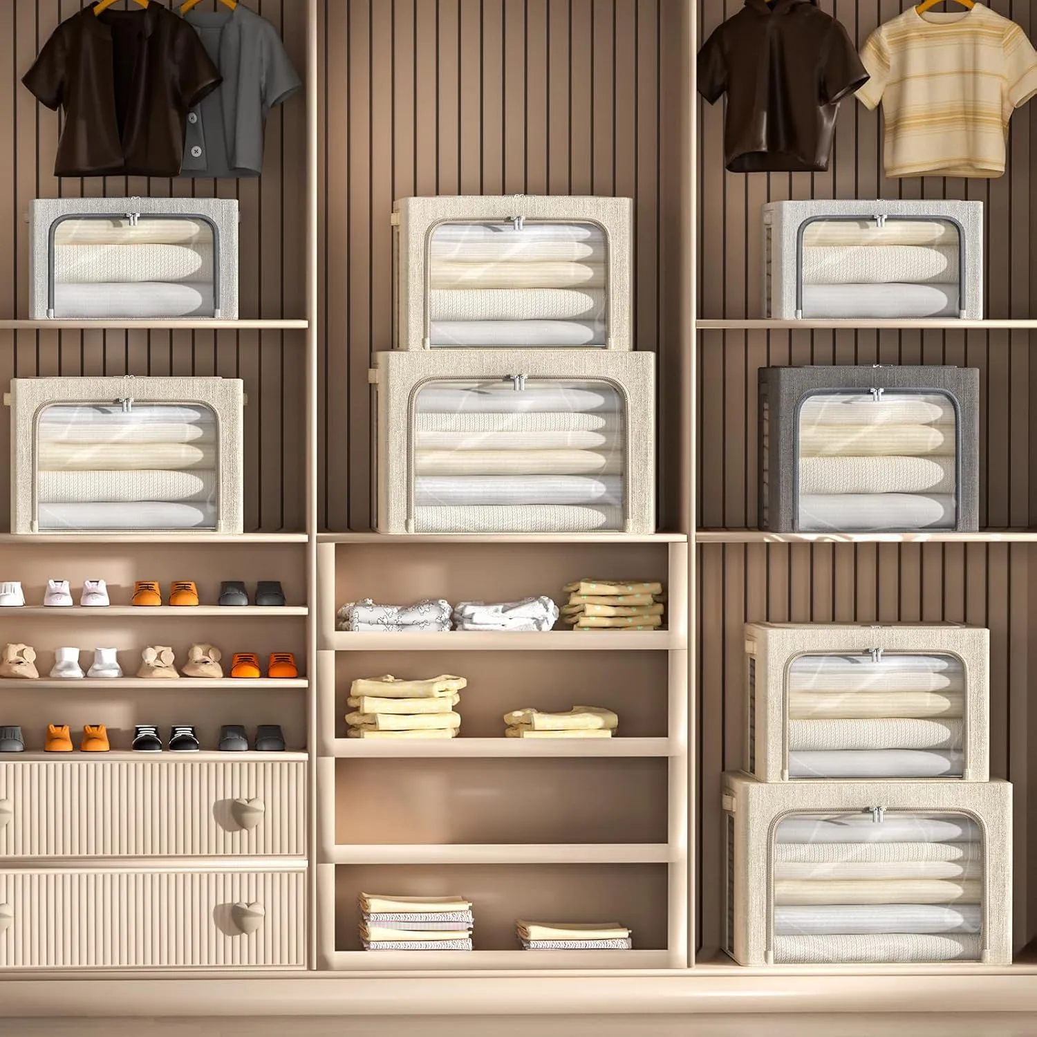 4 Pack Clothes Storage Bins with Metal Frame - Linen Fabric Foldable Stackable Container Organizer Set with Clear Window & Carry Handles & Zippers (Beige, 15.7"x11.8"x7.8")