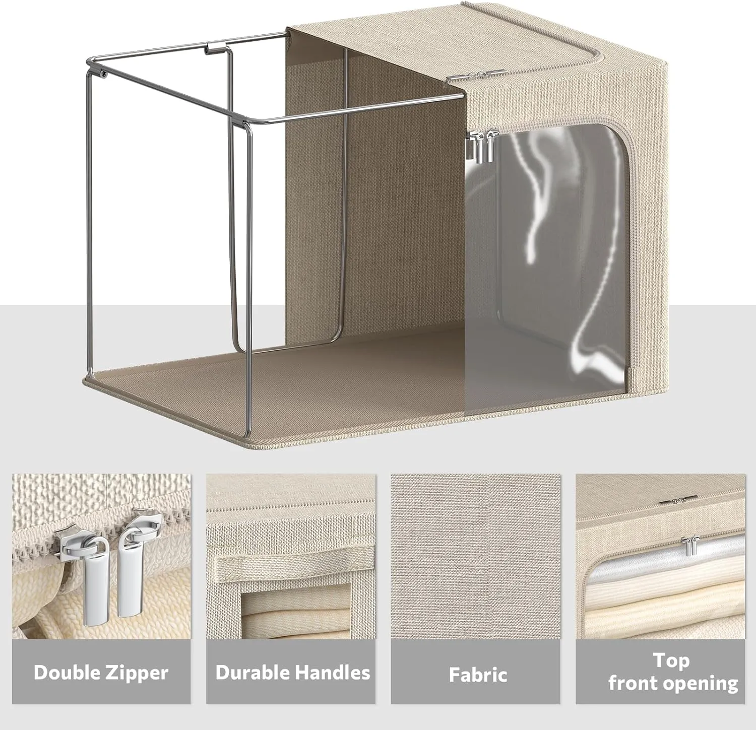 4 Pack Clothes Storage Bins with Metal Frame - Linen Fabric Foldable Stackable Container Organizer Set with Clear Window & Carry Handles & Zippers (Beige, 15.7"x11.8"x7.8")