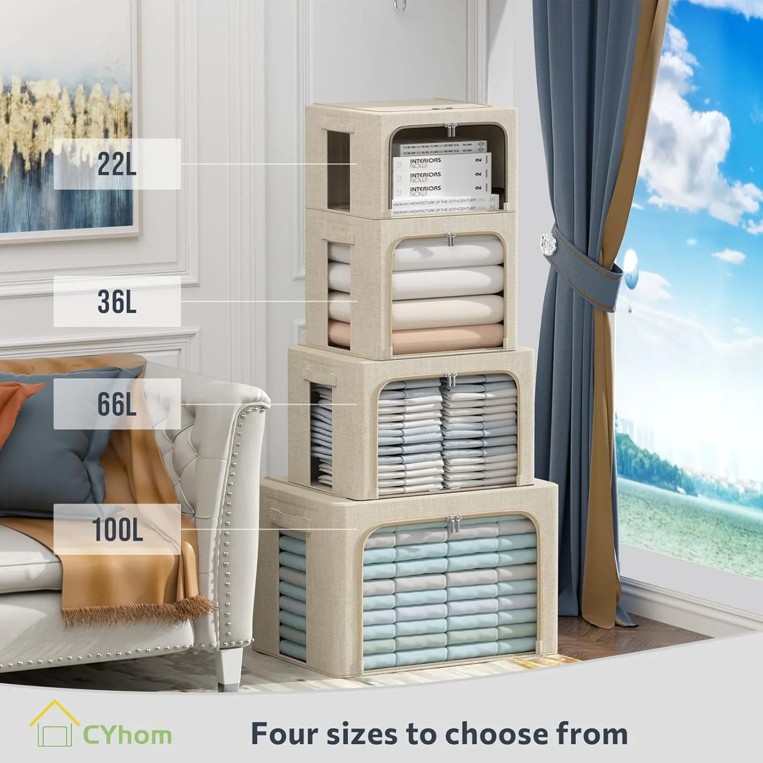 4 Pack Clothes Storage Bins with Metal Frame - Linen Fabric Foldable Stackable Container Organizer Set with Clear Window & Carry Handles & Zippers (Beige, 15.7"x11.8"x7.8")
