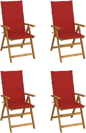 4 Pcs Patio Reclining Chairs with Red Cushions Solid Acacia Wood Outdoor Lounge Furniture Foldable Recliners for Garden Backyard Poolside