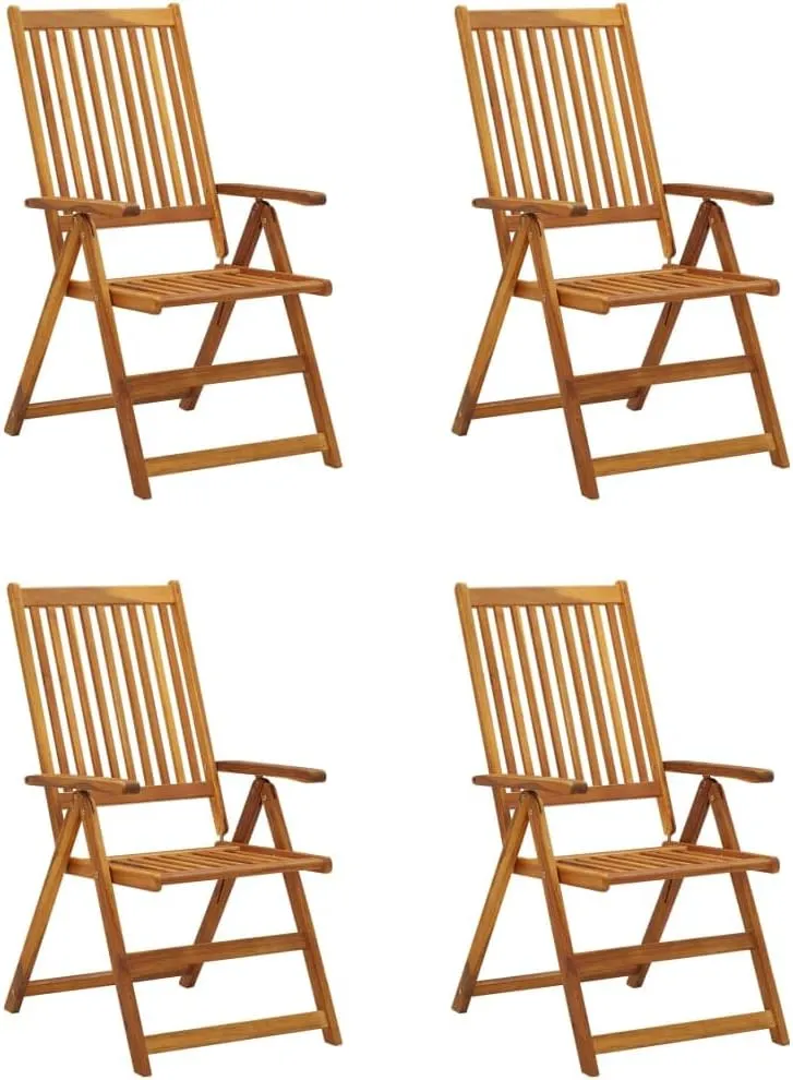 4 Pcs Patio Reclining Chairs with Red Cushions Solid Acacia Wood Outdoor Lounge Furniture Foldable Recliners for Garden Backyard Poolside