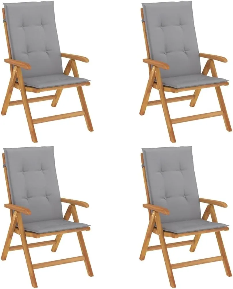 4-Piece Solid Teak Wood Reclining Patio Chairs with Gray Cushions, Adjustable Backrest Outdoor Lounge Furniture Set for Poolside Sunbathing & Backyard Relaxation