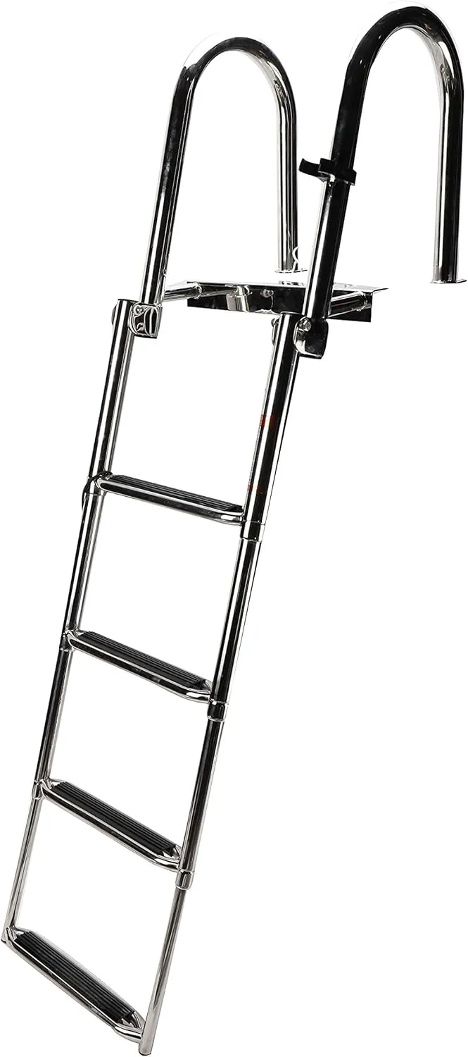 4 Step Stainless Steel Pontoon Boat Ladder - Foldable Telescoping Rear Entry Inboard Ladder with Pedal Hand Railing