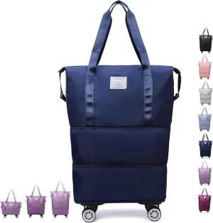 40 L Klarson Expandable Bag with Wheels, Klarson Travel Bag, Large Capacity Dry and Wet Separation Storage Luggage Bag, Three-Layer Expandable, Waterproof and Wear-Resistant (Dark blue)