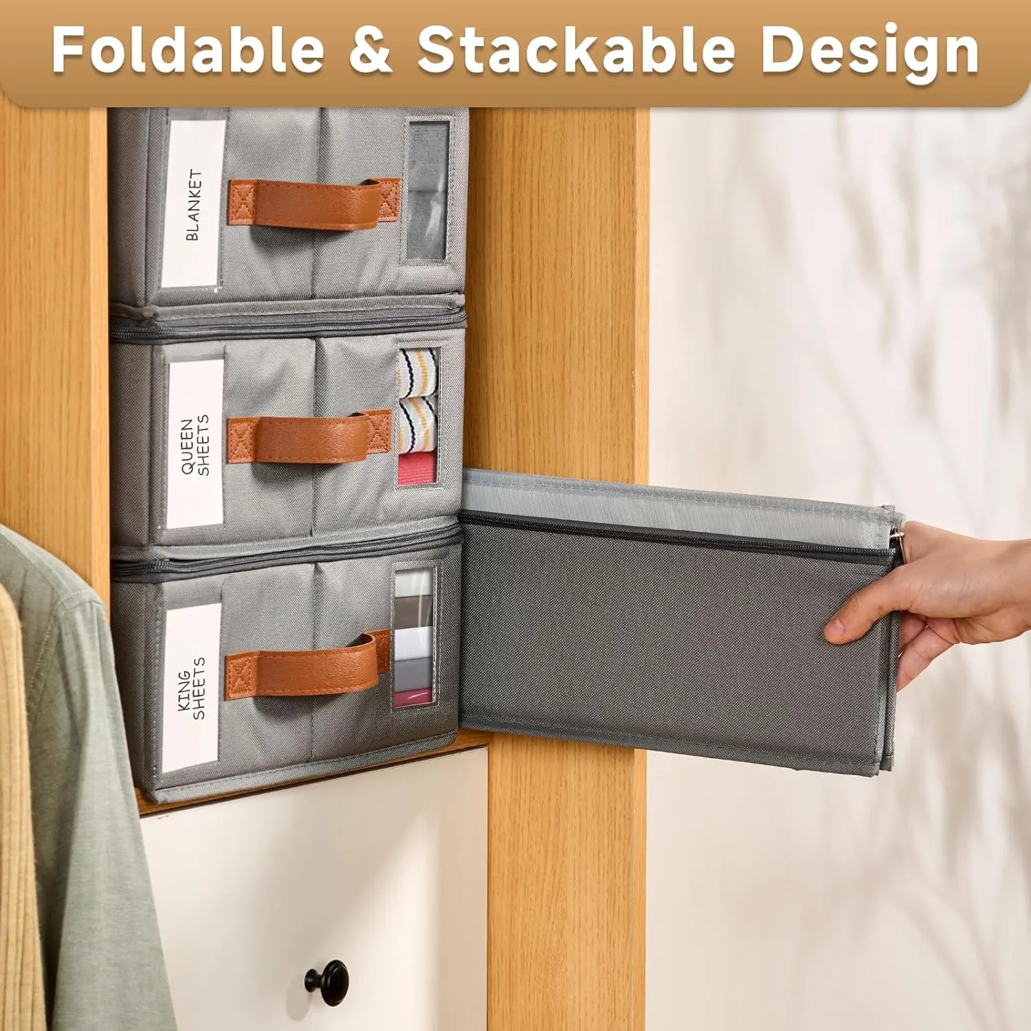 4pack Bed Sheet Organizer, Foldable Linen Closet Organizers and Storage with Sealed Design, Queen & King Size Sheet Storage with Window, Closet Organizer for Bedsheets/Blankets/Clothes, Grey