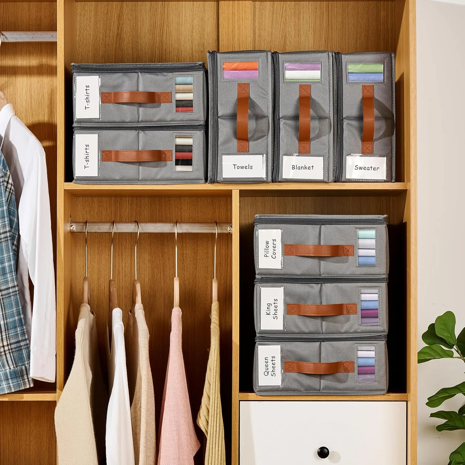 4pack Bed Sheet Organizer, Foldable Linen Closet Organizers and Storage with Sealed Design, Queen & King Size Sheet Storage with Window, Closet Organizer for Bedsheets/Blankets/Clothes, Grey