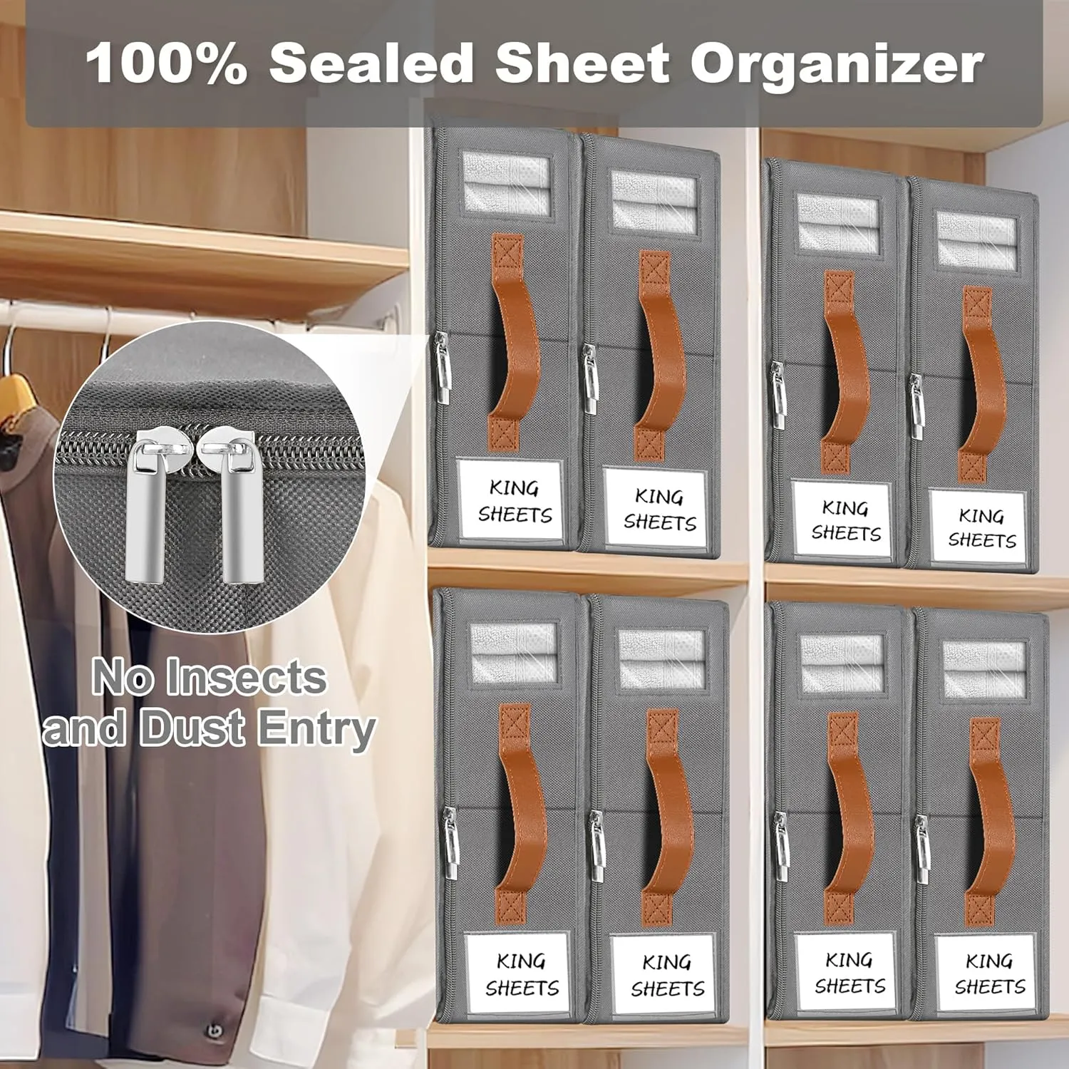 4pack Bed Sheet Organizer, Foldable Linen Closet Organizers and Storage with Sealed Design, Queen & King Size Sheet Storage with Window, Closet Organizer for Bedsheets/Blankets/Clothes, Grey