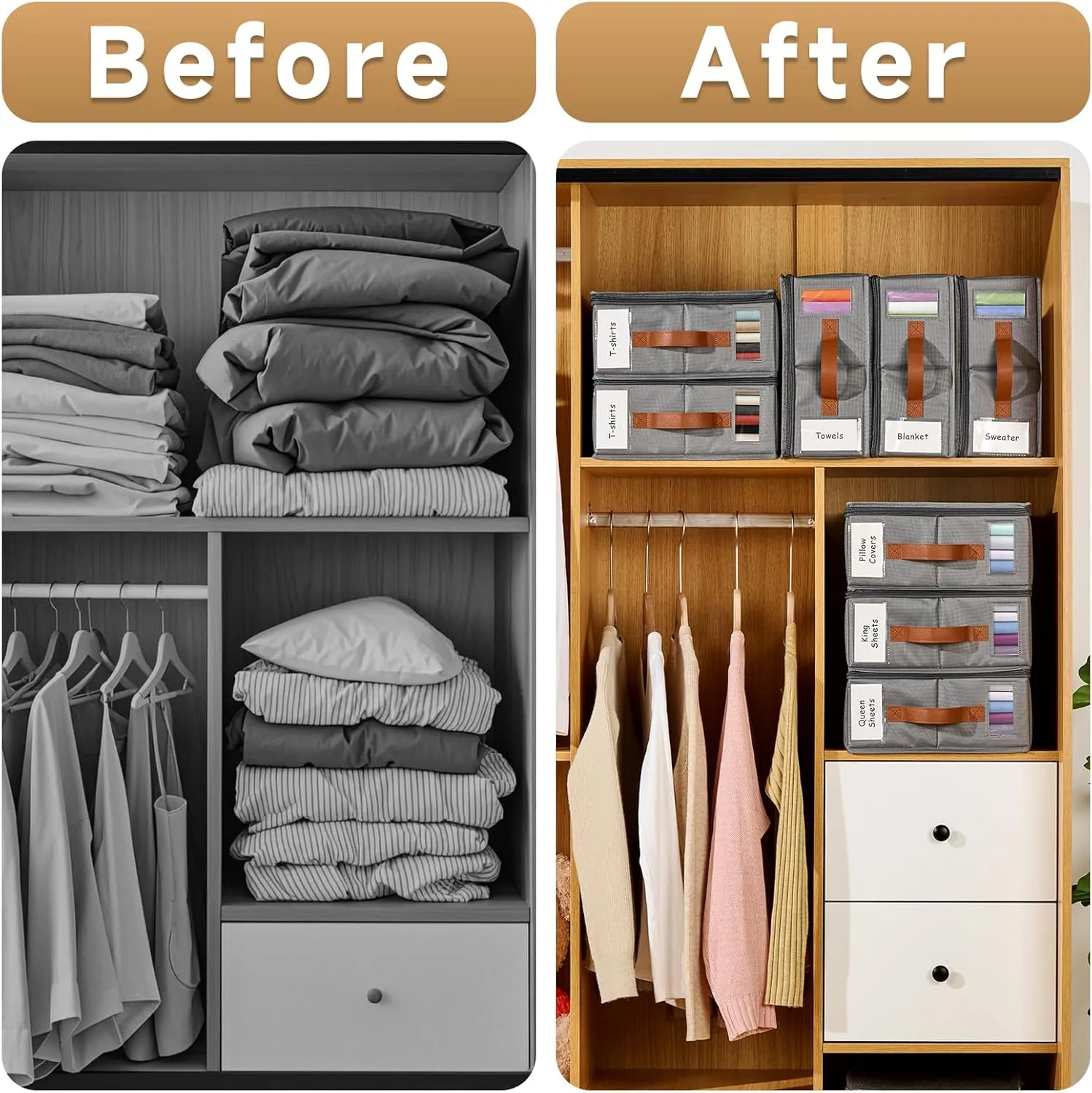 4pack Bed Sheet Organizer, Foldable Linen Closet Organizers and Storage with Sealed Design, Queen & King Size Sheet Storage with Window, Closet Organizer for Bedsheets/Blankets/Clothes, Grey