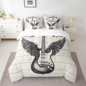 7 Pieces Rock Music Comforter Set King Size, Retro Guitar with Wings Bedding Set for Kids Boys Room Decor, Grey Wooden Plank Bed in a Bag with Comforter, Fitted Sheet, Flat Sheet and Pillowcases