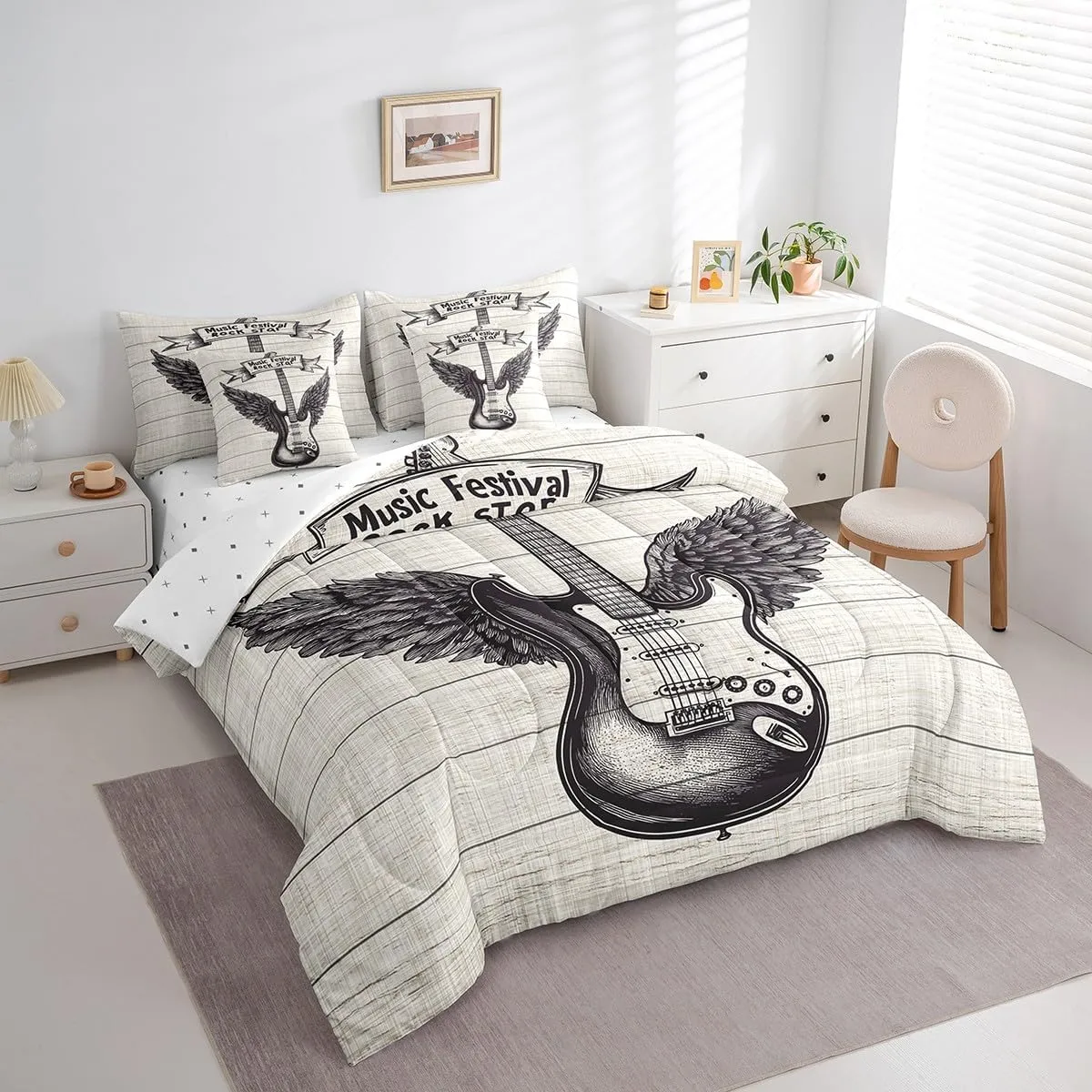 7 Pieces Rock Music Comforter Set King Size, Retro Guitar with Wings Bedding Set for Kids Boys Room Decor, Grey Wooden Plank Bed in a Bag with Comforter, Fitted Sheet, Flat Sheet and Pillowcases