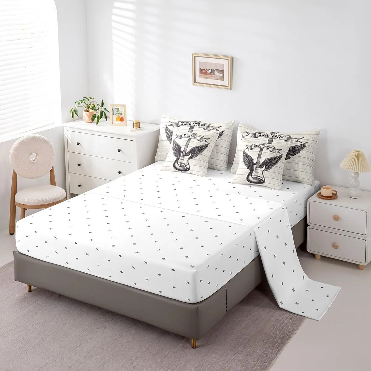 7 Pieces Rock Music Comforter Set King Size, Retro Guitar with Wings Bedding Set for Kids Boys Room Decor, Grey Wooden Plank Bed in a Bag with Comforter, Fitted Sheet, Flat Sheet and Pillowcases