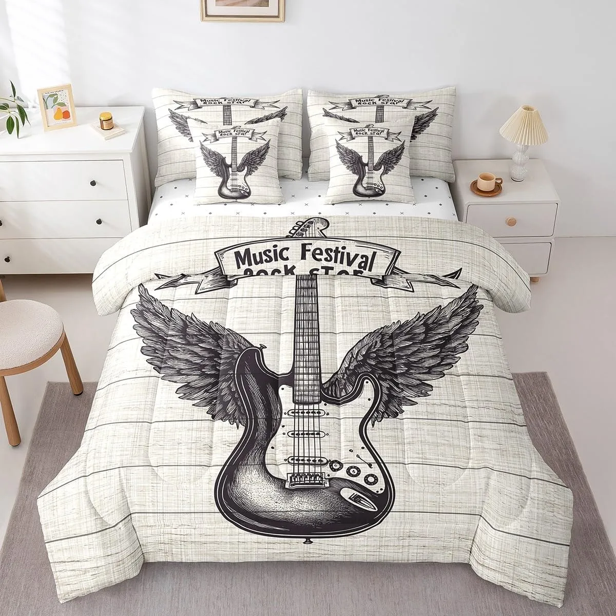 7 Pieces Rock Music Comforter Set King Size, Retro Guitar with Wings Bedding Set for Kids Boys Room Decor, Grey Wooden Plank Bed in a Bag with Comforter, Fitted Sheet, Flat Sheet and Pillowcases