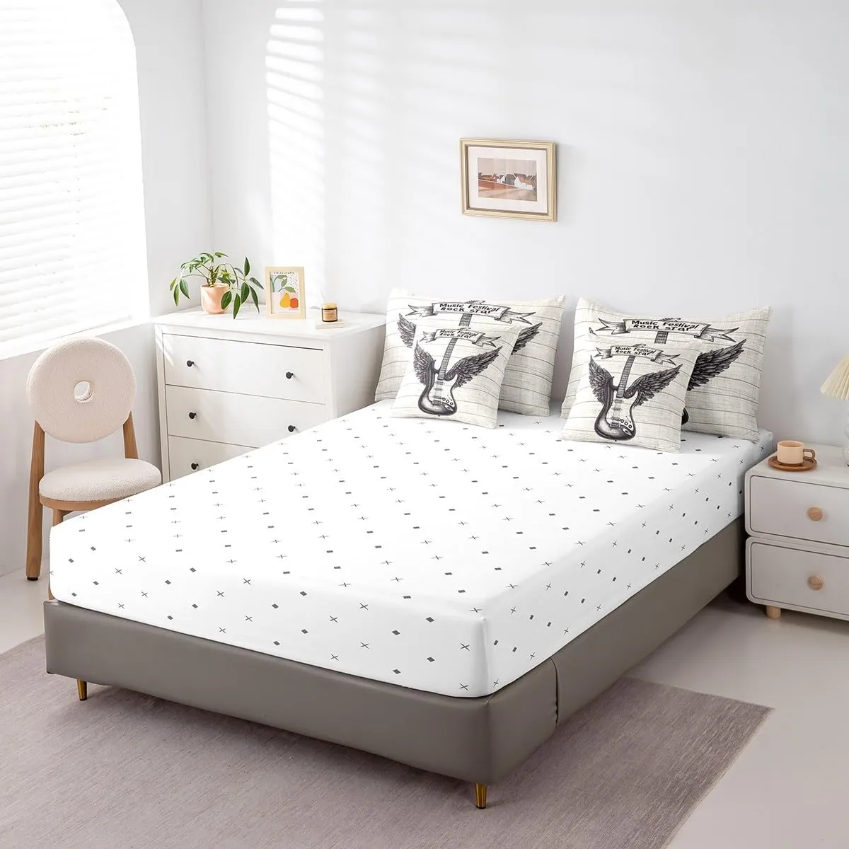 7 Pieces Rock Music Comforter Set King Size, Retro Guitar with Wings Bedding Set for Kids Boys Room Decor, Grey Wooden Plank Bed in a Bag with Comforter, Fitted Sheet, Flat Sheet and Pillowcases