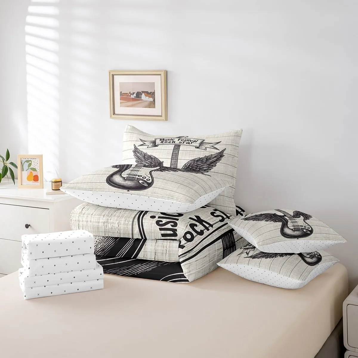 7 Pieces Rock Music Comforter Set King Size, Retro Guitar with Wings Bedding Set for Kids Boys Room Decor, Grey Wooden Plank Bed in a Bag with Comforter, Fitted Sheet, Flat Sheet and Pillowcases
