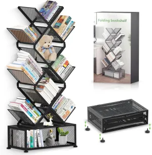 9 Tier Folding Tree Bookshelf, Tall Bookcase with Storage Cabinet, Modern Narrow Bookshelves Organizer, Floor Standing Book Shelf for Bedroom/Living Room/Home Office/Corner (Black)