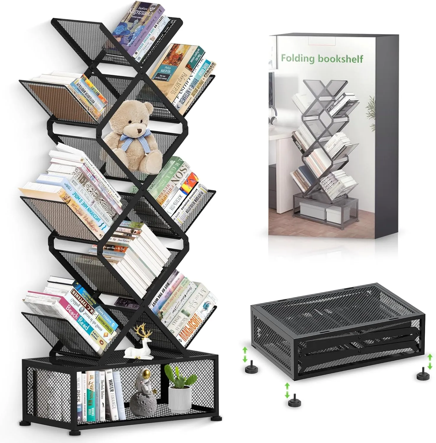 9 Tier Folding Tree Bookshelf, Tall Bookcase with Storage Cabinet, Modern Narrow Bookshelves Organizer, Floor Standing Book Shelf for Bedroom/Living Room/Home Office/Corner (Black)