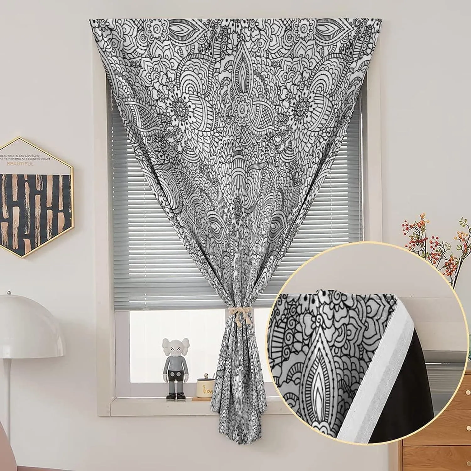Adjustable Blackout Shades, Henna Portable Blackout Curtain, Monochrome Design Mehendi Swirls Asian Leaves Print Living Room Bedroom Window Drapes,47W x54L Inch, for Bathroom Living Room Bedroom