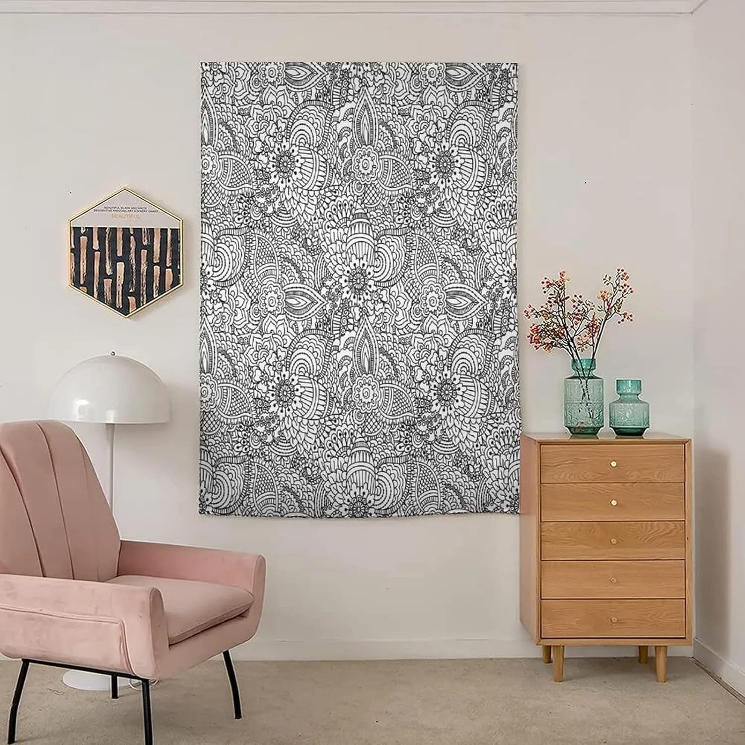 Adjustable Blackout Shades, Henna Portable Blackout Curtain, Monochrome Design Mehendi Swirls Asian Leaves Print Living Room Bedroom Window Drapes,47W x54L Inch, for Bathroom Living Room Bedroom