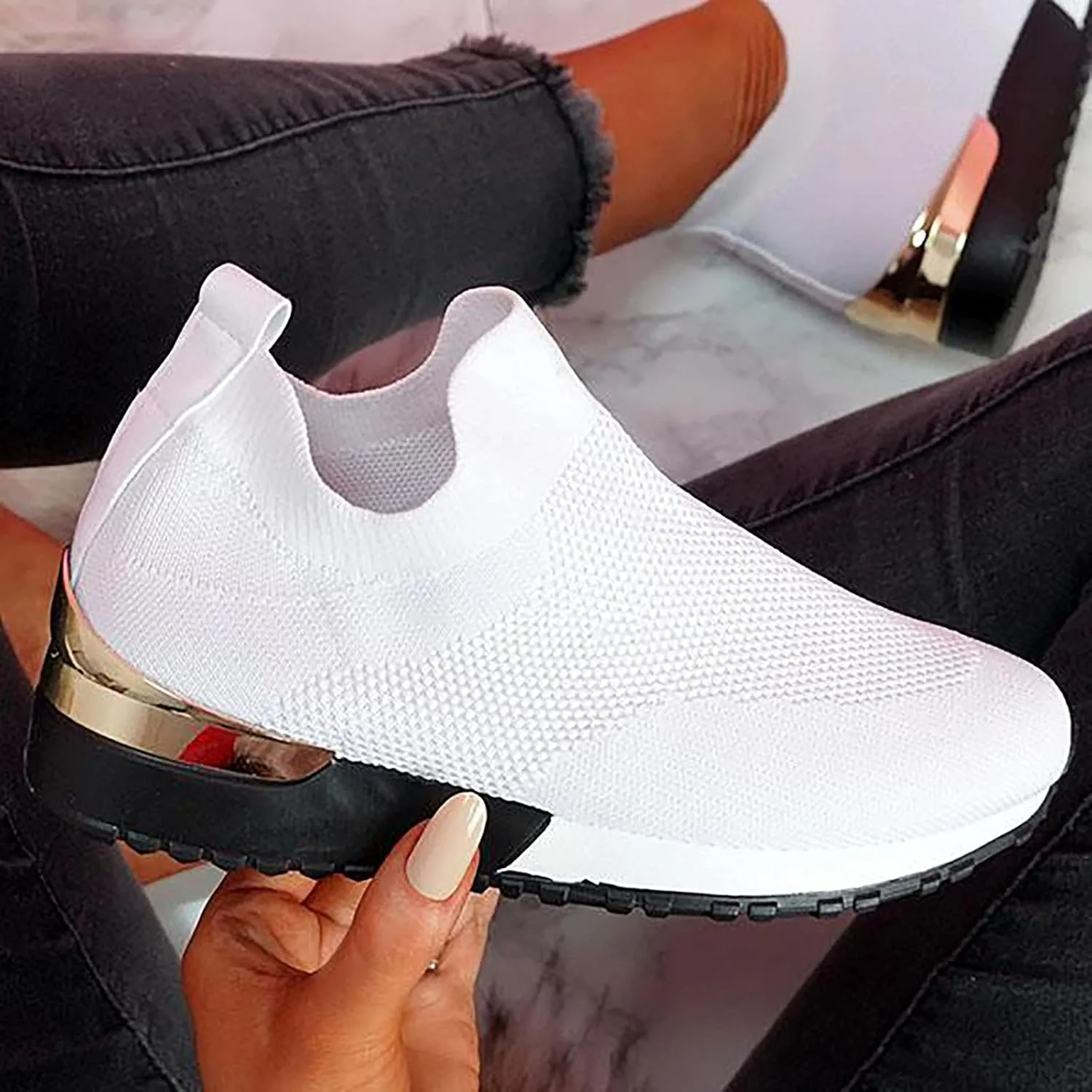 Air Cushion Slip-on Walking Shoes for Women,Orthopedic Diabetic Walking Shoes with Arch Support,Casual Breathable Knit Mesh Wedge Platform Sneaker Sandals